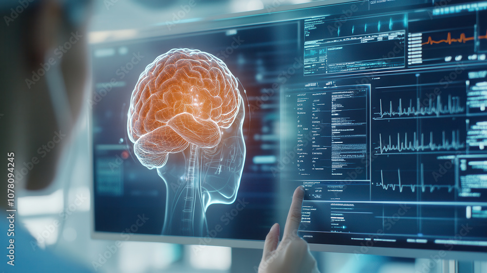 Poster medical technology showcasing brain scan on digital screen, highlighting advanced diagnostics and da