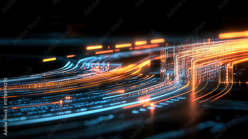Poster abstract digital transportation network visualized with glowing lines and nodes, showcasing vibrant 