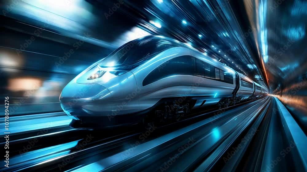 Poster high-speed modern train traveling through futuristic tubular tunnel with led lighting in dynamic per