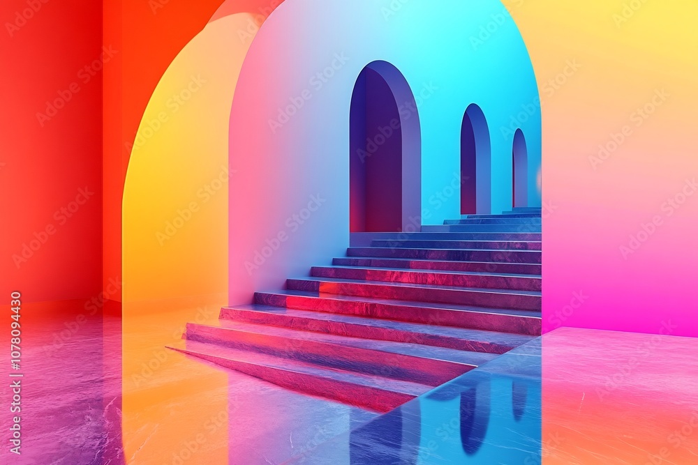 Poster vibrant gradient abstract architecture with mesmerizing steps and arches