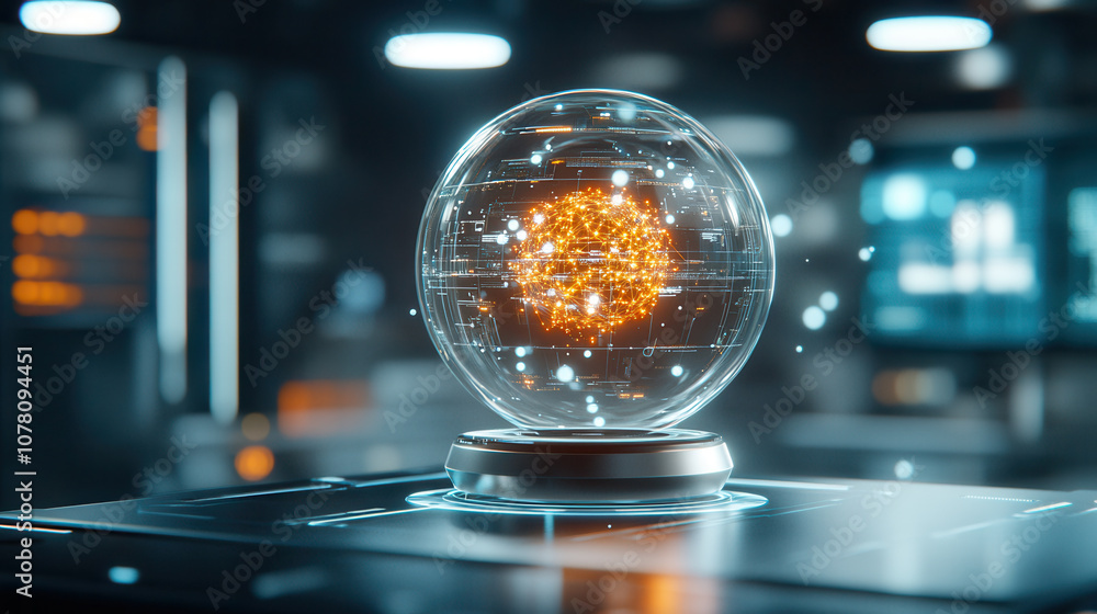 Poster futuristic holographic interface displays glowing data in high tech environment, showcasing advanced