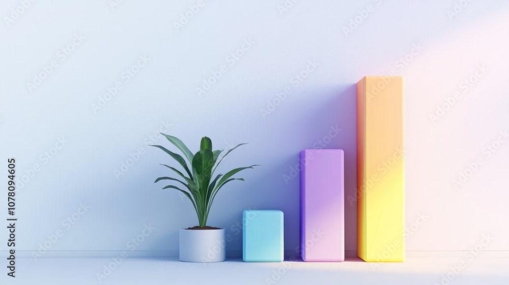 Poster growth concept with colorful bar chart and potted plant symbolizing business development and progres