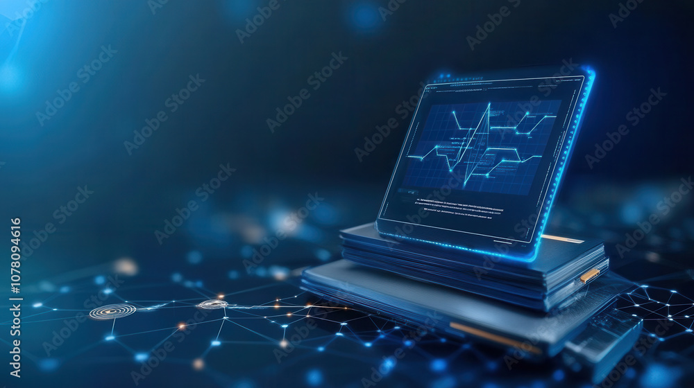 Poster digital tablet displaying data analytics on stacked books, symbolizing education and technology inte