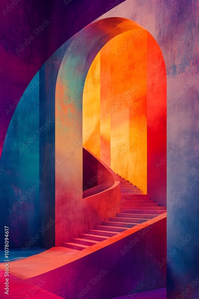 Poster vibrant color gradient abstract architecture with illusive stairs and arched passage