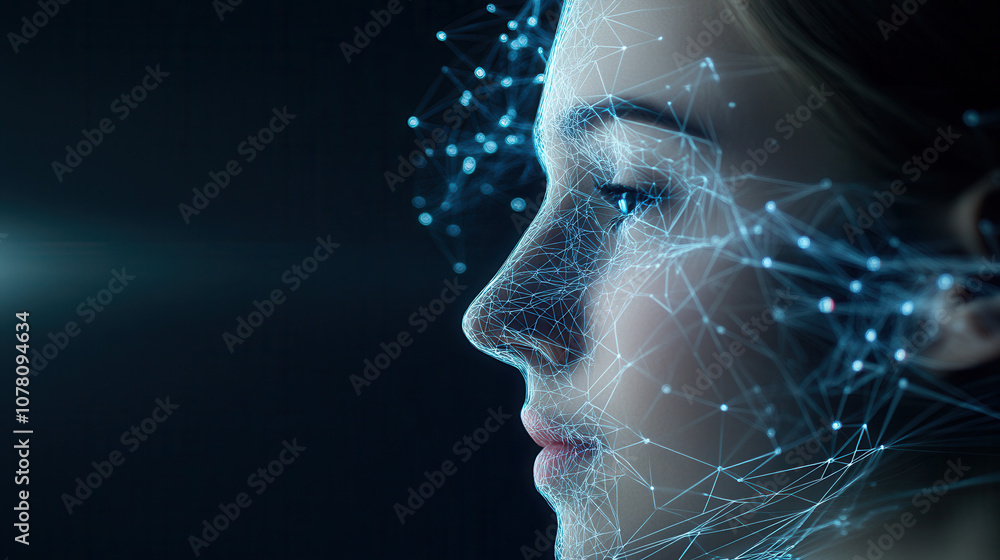 Poster digital face with network connections representing ai technology and healthcare innovation, showcasi