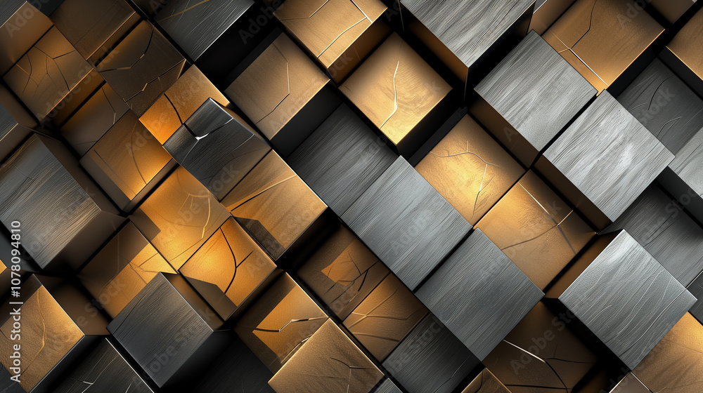Poster abstract background 3d cubes with metallic textures, arranged in an orderly yet dynamic pattern, cas