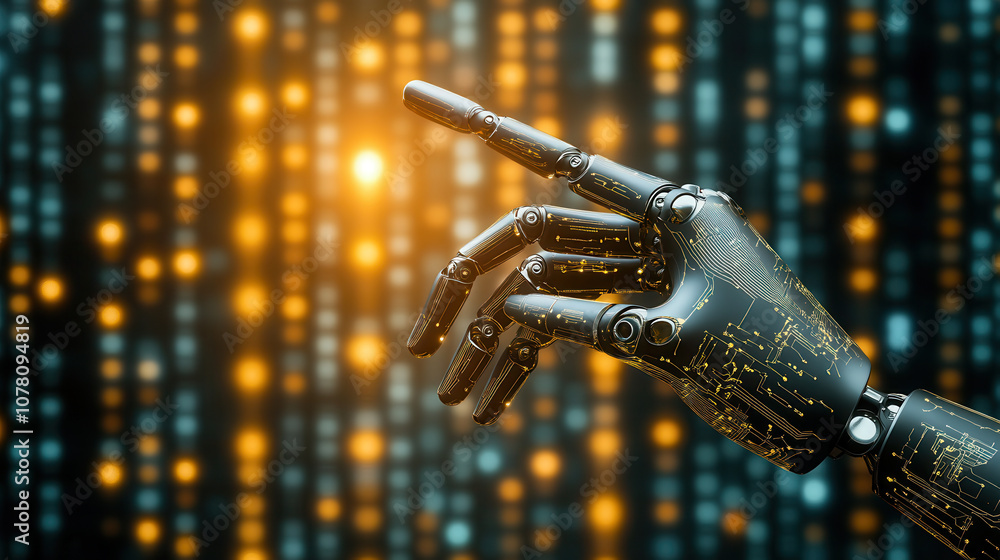 Poster robotic hand reaching out against vibrant digital background, showcasing advanced technology and inn