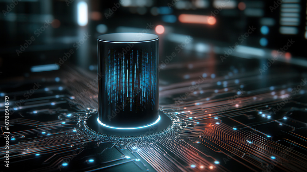 Poster sleek ai powered virtual assistant on circuit board, glowing with data. this futuristic design repre