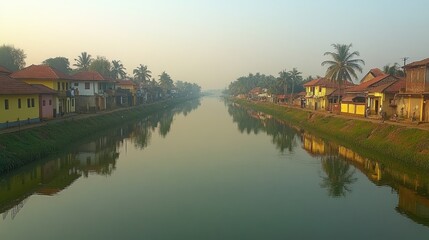 Obraz premium A tranquil canal winds through a village with colorful houses, palm trees, and reflections in the water.