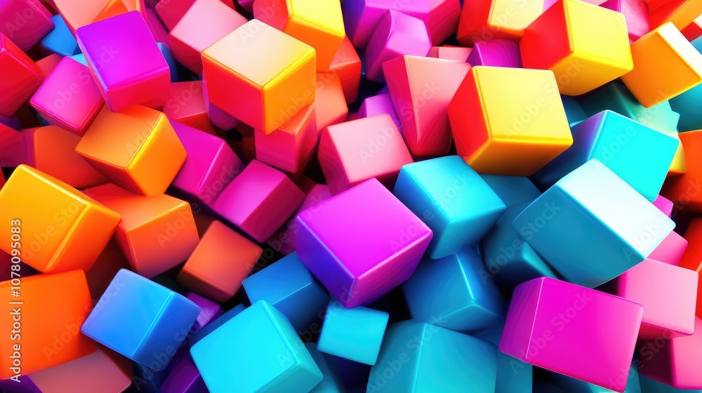 Poster a dynamic collection of colorful geometric cubes arranged in a vibrant pattern symbolizing creativit