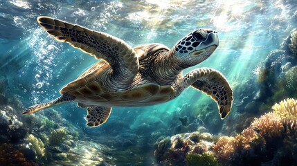 Obraz premium A sea turtle swims through a vibrant coral reef with sunlight streaming through the water.