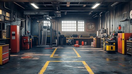 Empty Workshop with a Lift in a Car Repair Station

