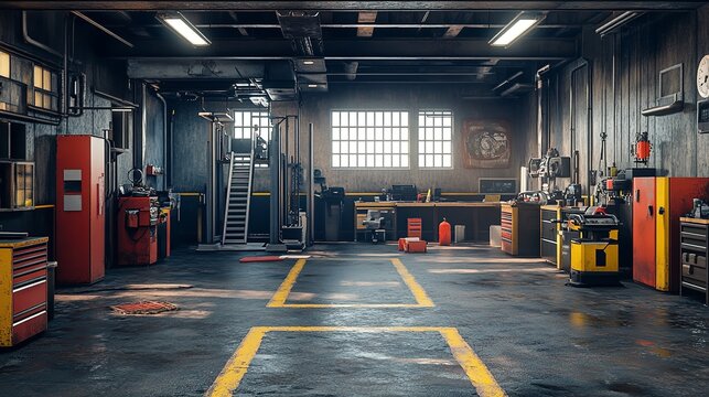 Empty Workshop with a Lift in a Car Repair Station

