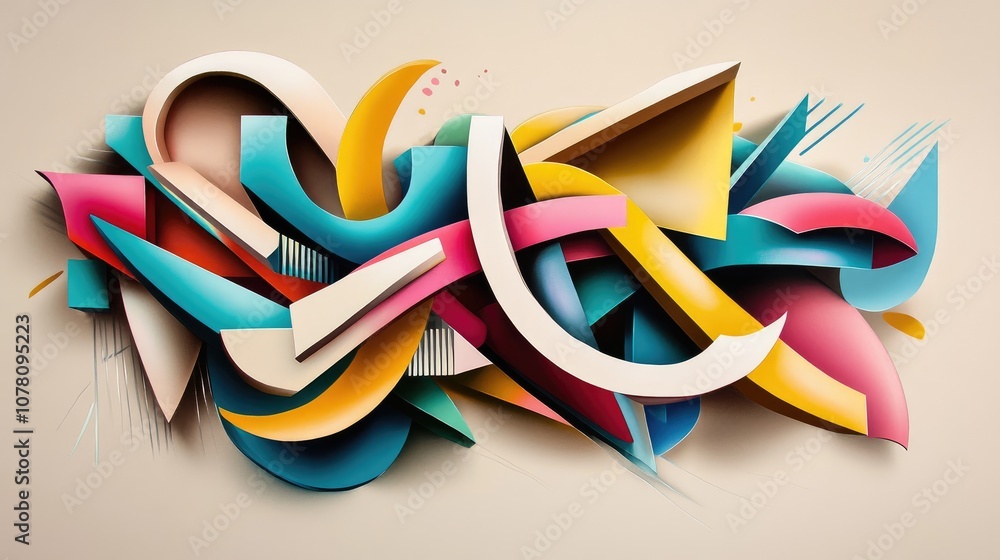 Poster abstract composition with colorful geometric shapes and dynamic lines creating a vibrant visual expe