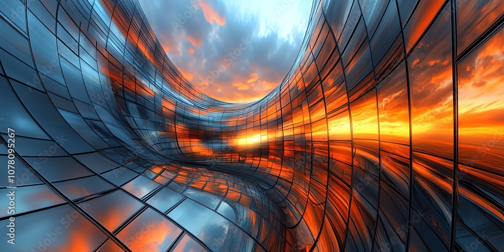 Poster abstract view of a curved modern building with glass panels reflecting a colorful sunset.