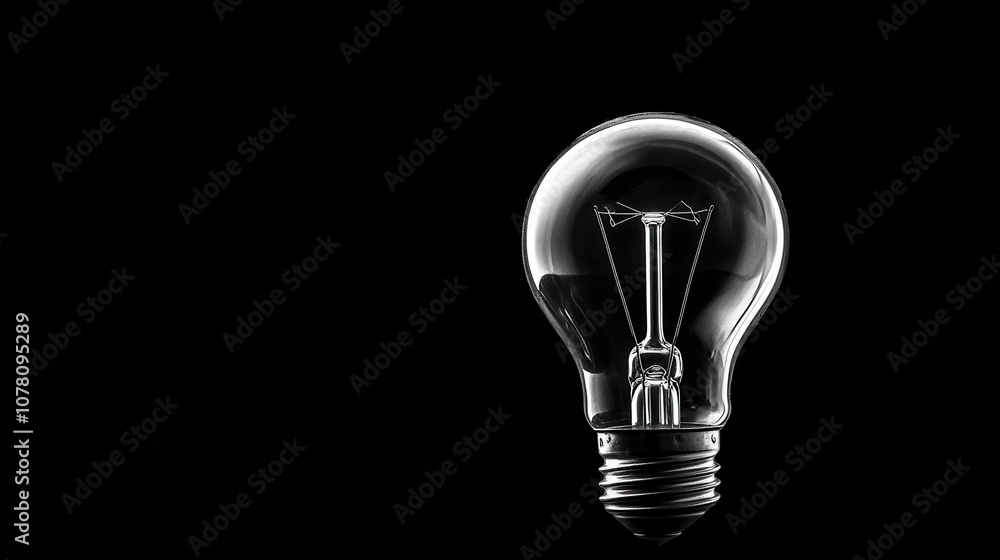Poster clear upright lightbulb on solid black background, showcasing its intricate design and structure. co
