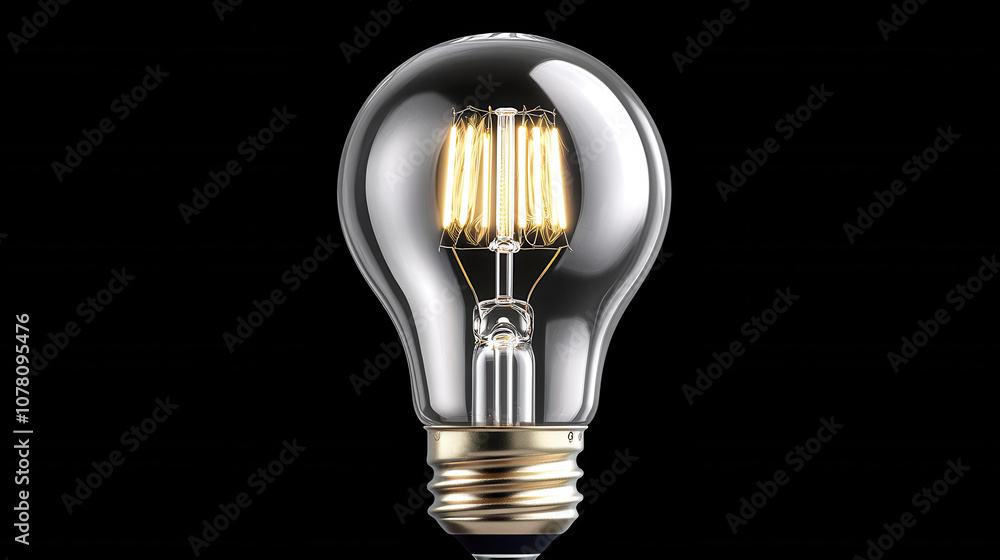 Poster clear lightbulb with visible filaments shines brightly against solid black background, creating stri