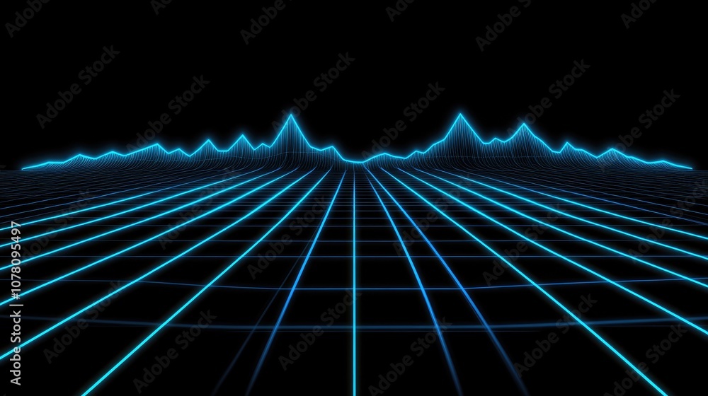 Poster futuristic digital landscape with neon blue grid and wave forms representing sound frequencies in a 