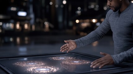 Man Interacting with a High-Tech Interactive Display in a Futuristic Urban Environment During Nighttime, Showcasing Digital Data Visualization and Urban Innovation