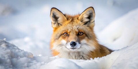 Fototapeta premium Cute fox covered in snow, looking curious and playful, winter, animal, wildlife, adorable, furry, white, cold, nature, mammal