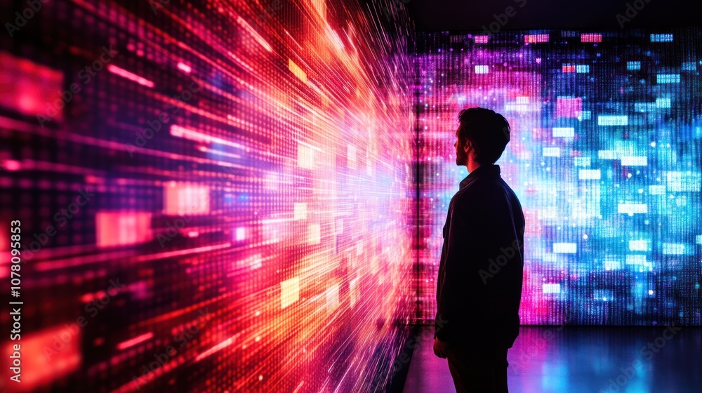 Poster a person stands in front of a vibrant, digital display, immersed in colorful light patterns.