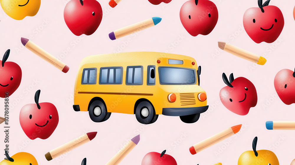Poster friendly cartoon school bus surrounded by smiling apples and crayons, creating cheerful and playful 