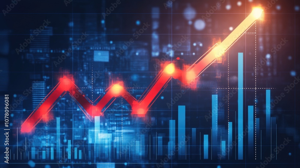 Poster abstract digital representation of data analysis featuring upward trending graphs, vibrant colors, a