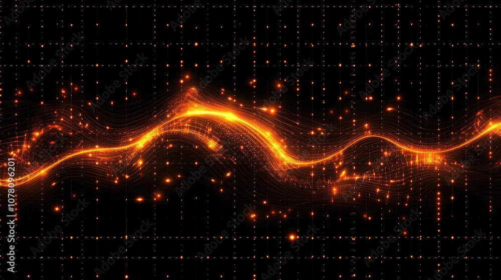 Poster abstract glowing orange wave of particles and light streaks on a dark background creating a mesmeriz