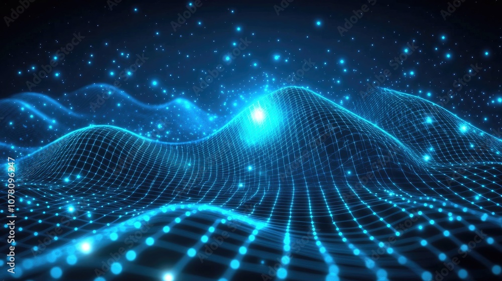 Poster futuristic blue grid waves with sparkling particles creating a stunning cyber landscape in a night s