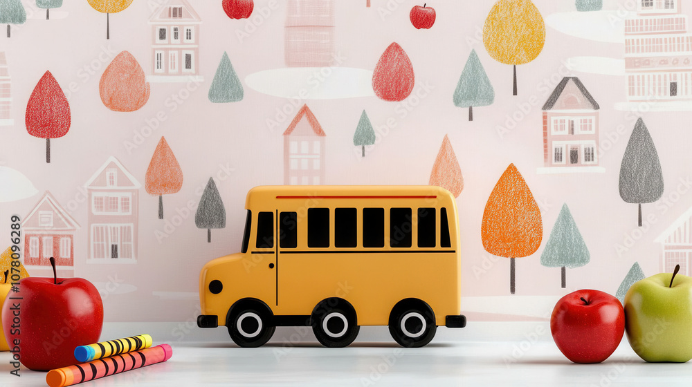 Poster charming school bus toy with bright crayons and apples against colorful backdrop of trees and houses