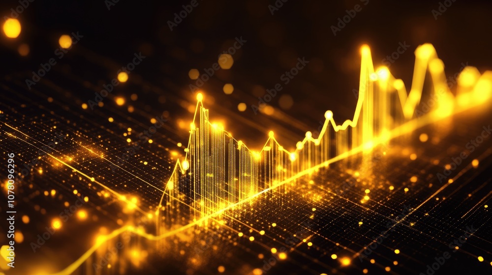 Poster golden abstract financial chart visualization with bright light effects, data analysis and stock mar