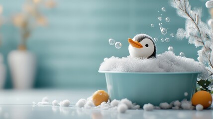 Penguin enjoying a whimsical bath with bubbles and playful shower elements in a frosty scene.