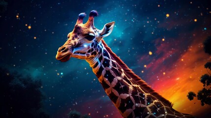 A surreal depiction of a giraffe against a cosmic background filled with stars and vibrant colors.