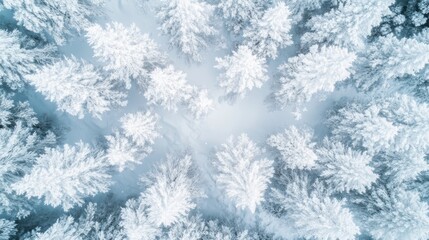 Top view of a forest canopy weighed down by fresh snow, creating a seamless white landscape.