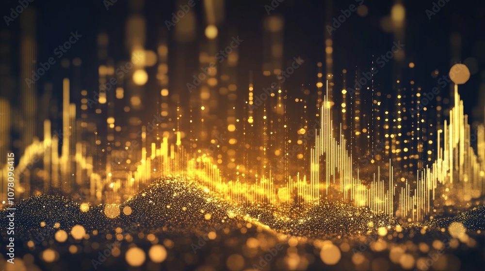 Poster abstract golden wave visualization with bright particles showing dynamic energy flow, ideal for back