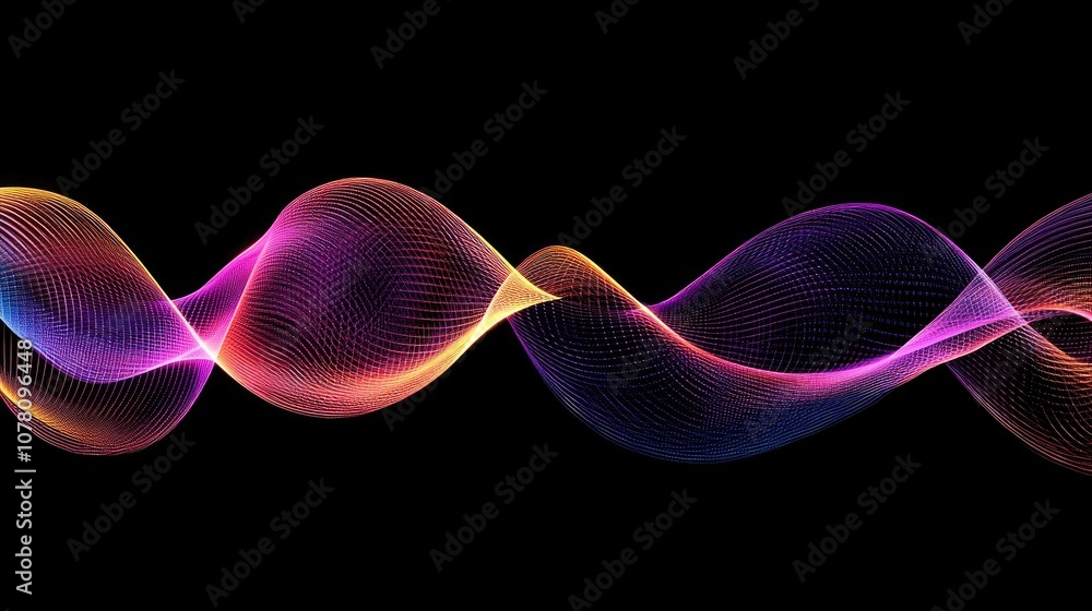 Poster vibrant abstract waveform design with colorful gradient lines flowing across a black background, per