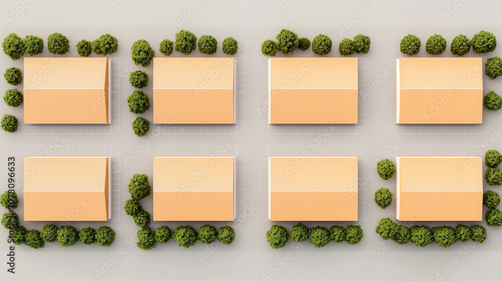 Poster aerial view of warehouse layout with multiple buildings and greenery. organized arrangement showcase