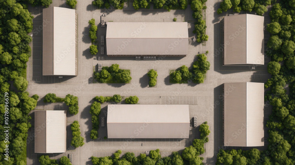 Poster aerial view of warehouse complex surrounded by trees, featuring multiple buildings and parking area.