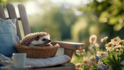 A hedgehog enjoying a luxurious garden setting with elegant furniture and lush greenery, perfect for relaxation.