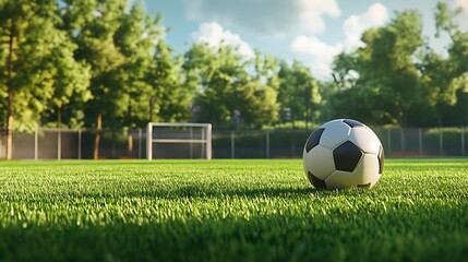 A close-up of a soccer ball on a lush green field, with a goalpost in the background under a bright sky.