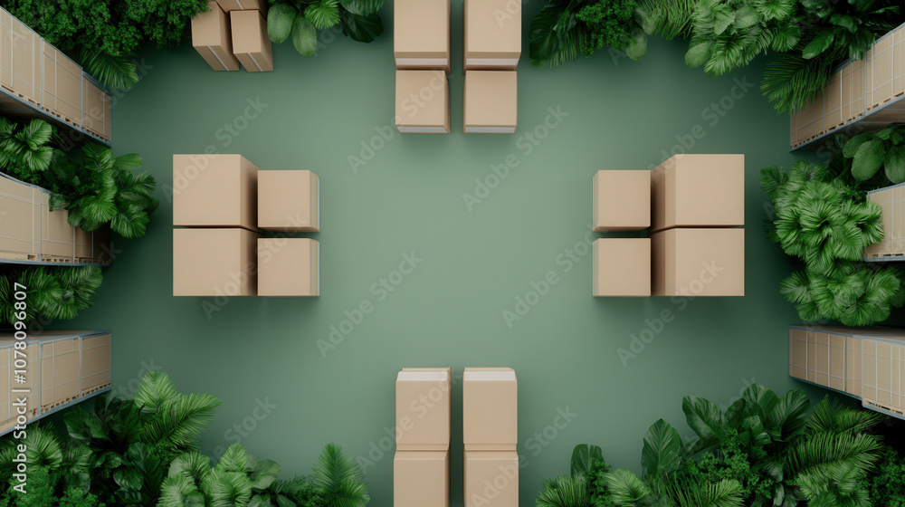 Poster top view of warehouse layout featuring cardboard boxes arranged in groups, surrounded by lush greene