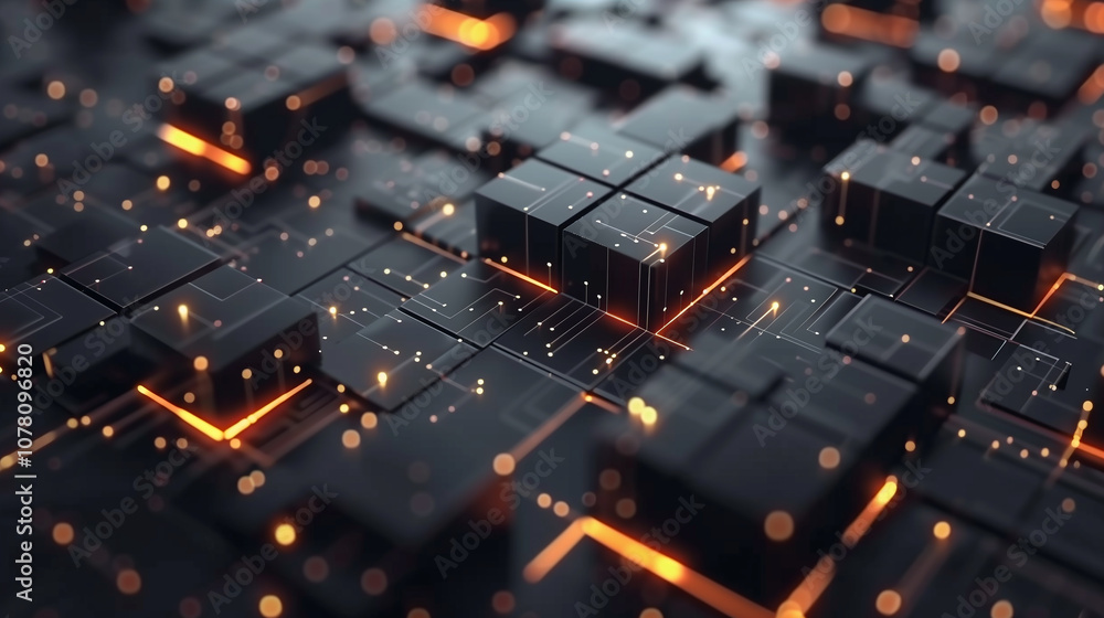 Poster abstract black background with stacked 3d cubes, each having glowing edges, arranged in a mesmerizin