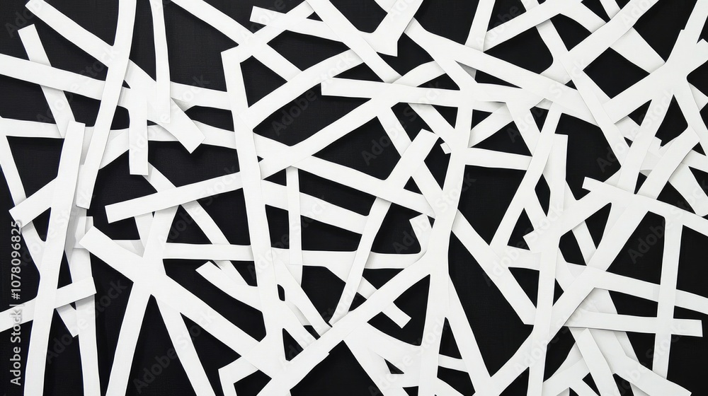 Poster A Dynamic Collection of White Paper Strips Arranged Randomly on a Dark Background, Featuring Complex Patterns and Textures for Creative Use in Design and Art Projects