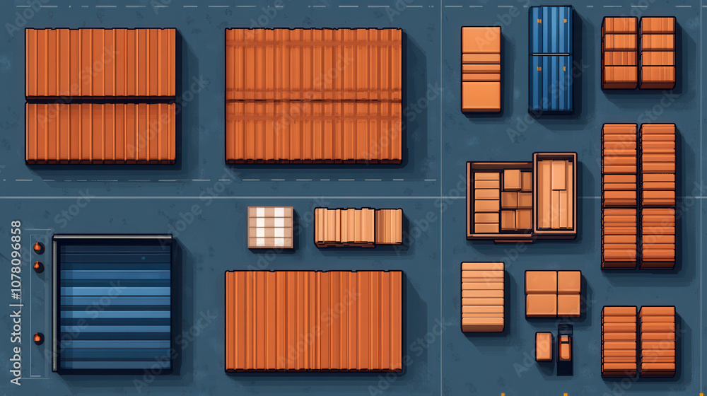 Poster top view map of warehouse showcasing various shipping containers in orange and blue colors, organize