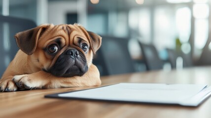 A Pug in a business suit leading a meeting in a modern office, showcasing confidence and professionalism.