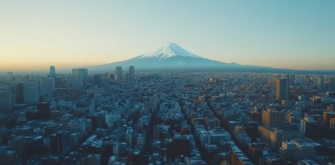 An aerial view of Tokyo, Japan, with Mount Fuji in the distance. The cityscape is covered in a haze, and the mountain is partially obscured by clouds.