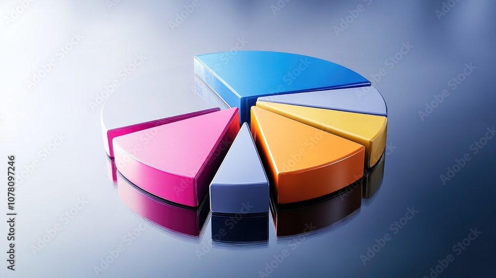 Poster colorful pie chart representation on reflective surface for business analysis and data visualization