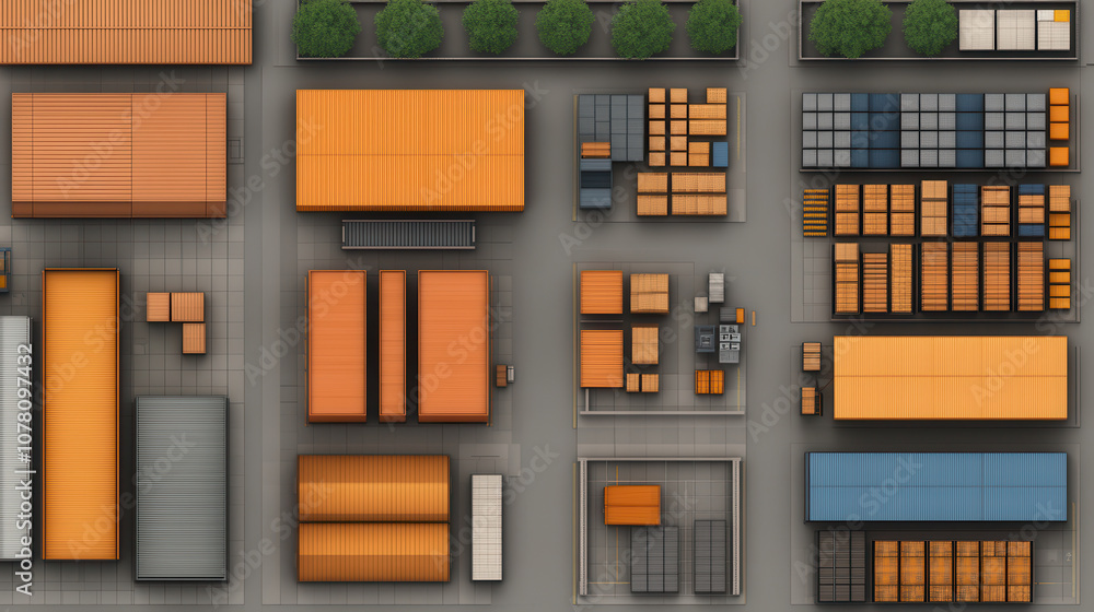 Poster aerial view of warehouse layout featuring orange and gray storage containers, organized in various s