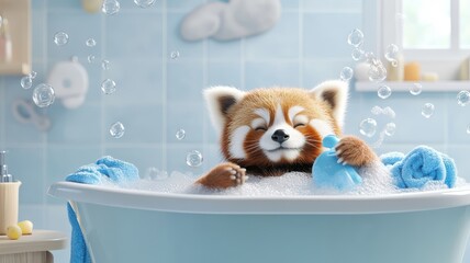 A red panda having a whimsical bath with colorful bubbles and playful toys in a luxurious and cheerful bathroom.