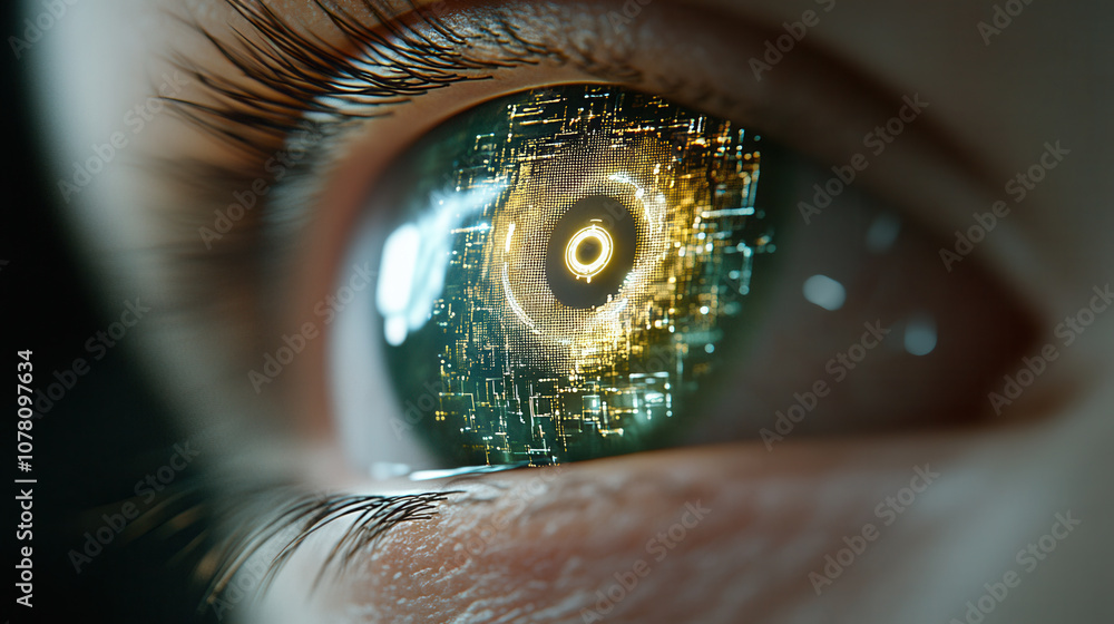Poster cybernetic eye with ai enhancements showcasing intricate digital patterns and glowing circuits, refl